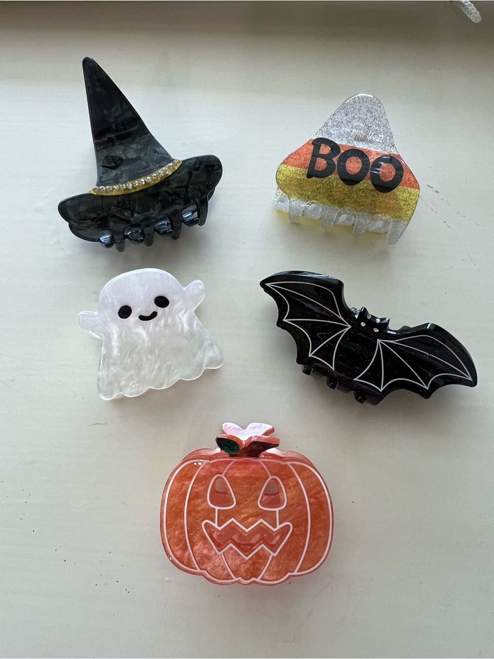 Halloween Hair Clip Set - Orange, Black, White, Yellow Candy Corn, Pearl Ghost -